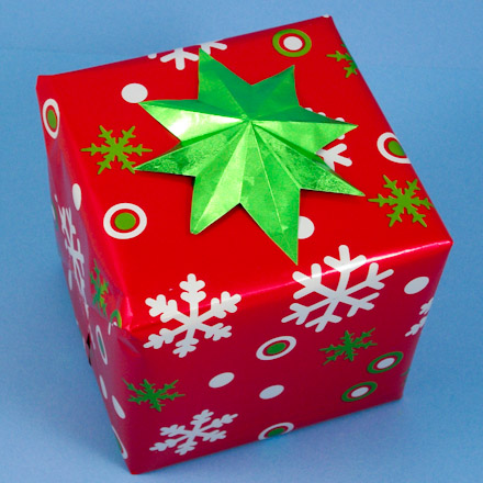 Green paper medallion on present wrapped in red