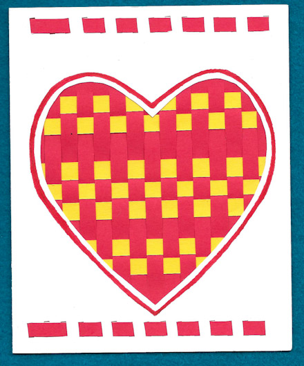 Greeting card with heart cutout backed with paper weaving