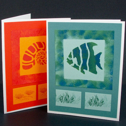 Stenciled and sponged greeting cards