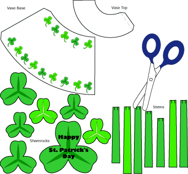Cut out shamrocks, stems and vase parts